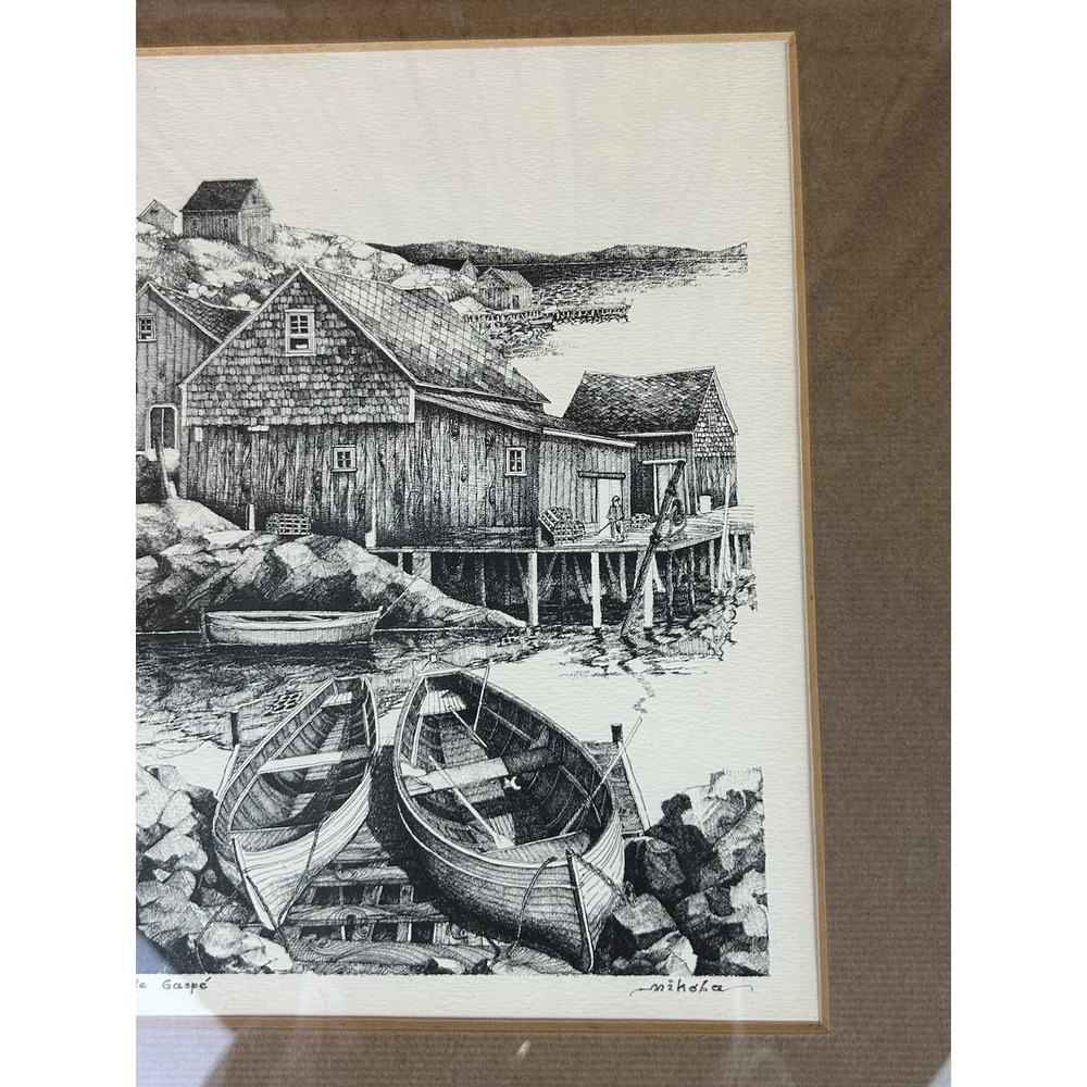 Black And White Etching "Baie de Gaspe" by Mikola Framed Picture - Picture 4 of 16
